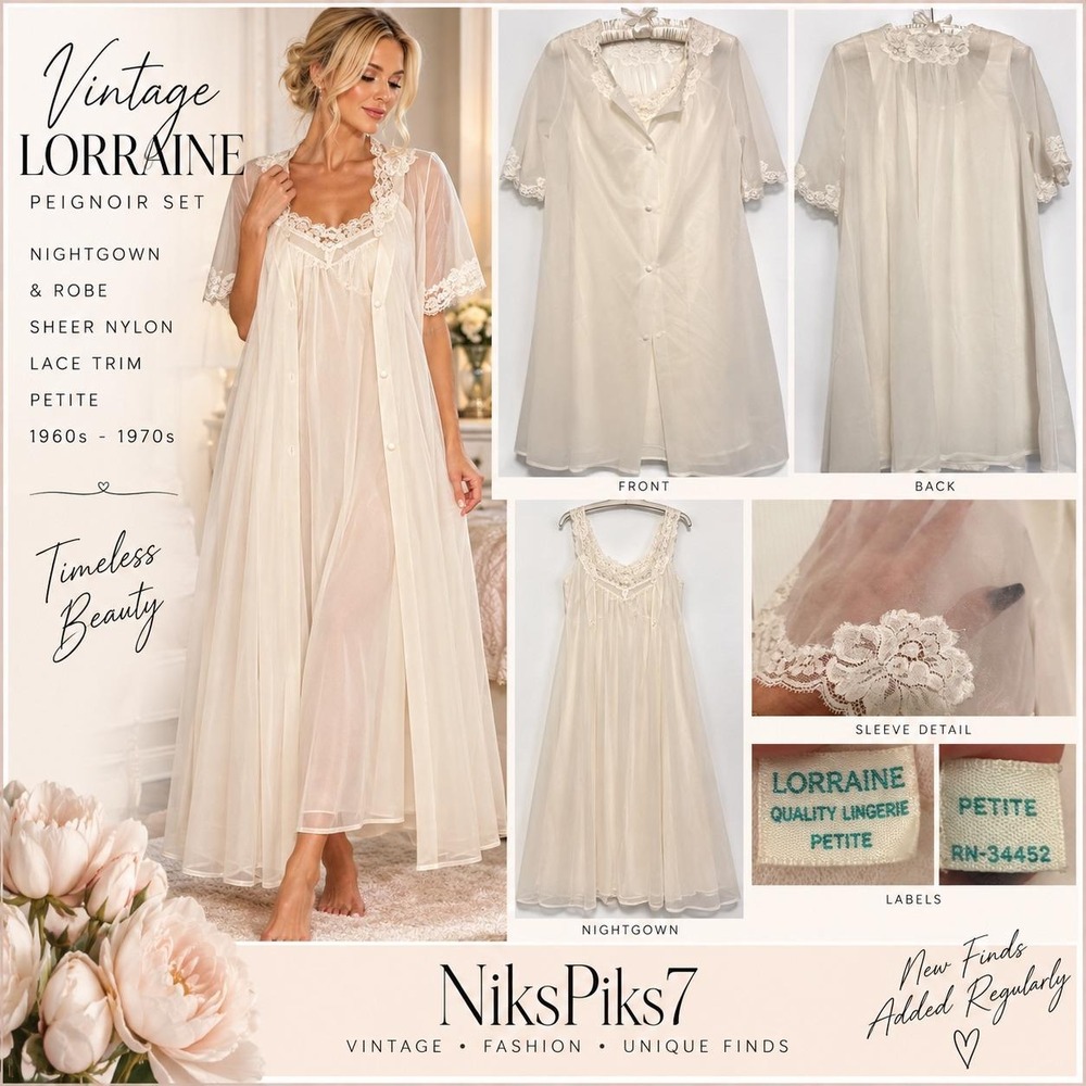 Vintage Lorraine Peignoir Set Petite Ivory Sheer Lace Nightgown Robe Bridal